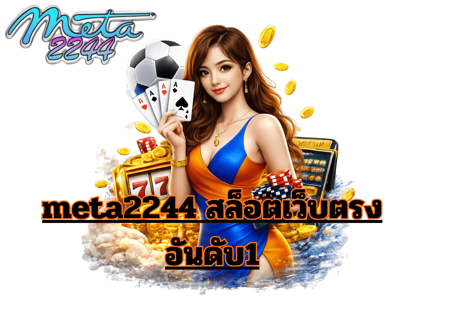 นางแบบถือไพ่ท่ามกลางเหรียญทองและสล็อตแมชชีน แสดงภาพลักษณ์เว็บ meta2244 สล็อตเว็บตรงยอดนิยม